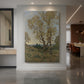 Canvas art print of a realistic landscape of olive trees under soft daylight with muted natural tones displayed as a statement piece in a spacious interior.