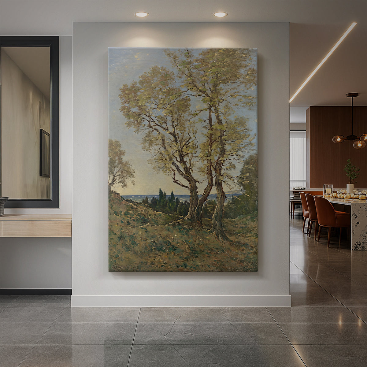 Canvas art print of a realistic landscape of olive trees under soft daylight with muted natural tones displayed as a statement piece in a spacious interior.