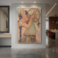 Canvas art print of an Art Nouveau portrait of a woman with flowing hair and ornate decorative details displayed as a statement piece in a spacious interior.