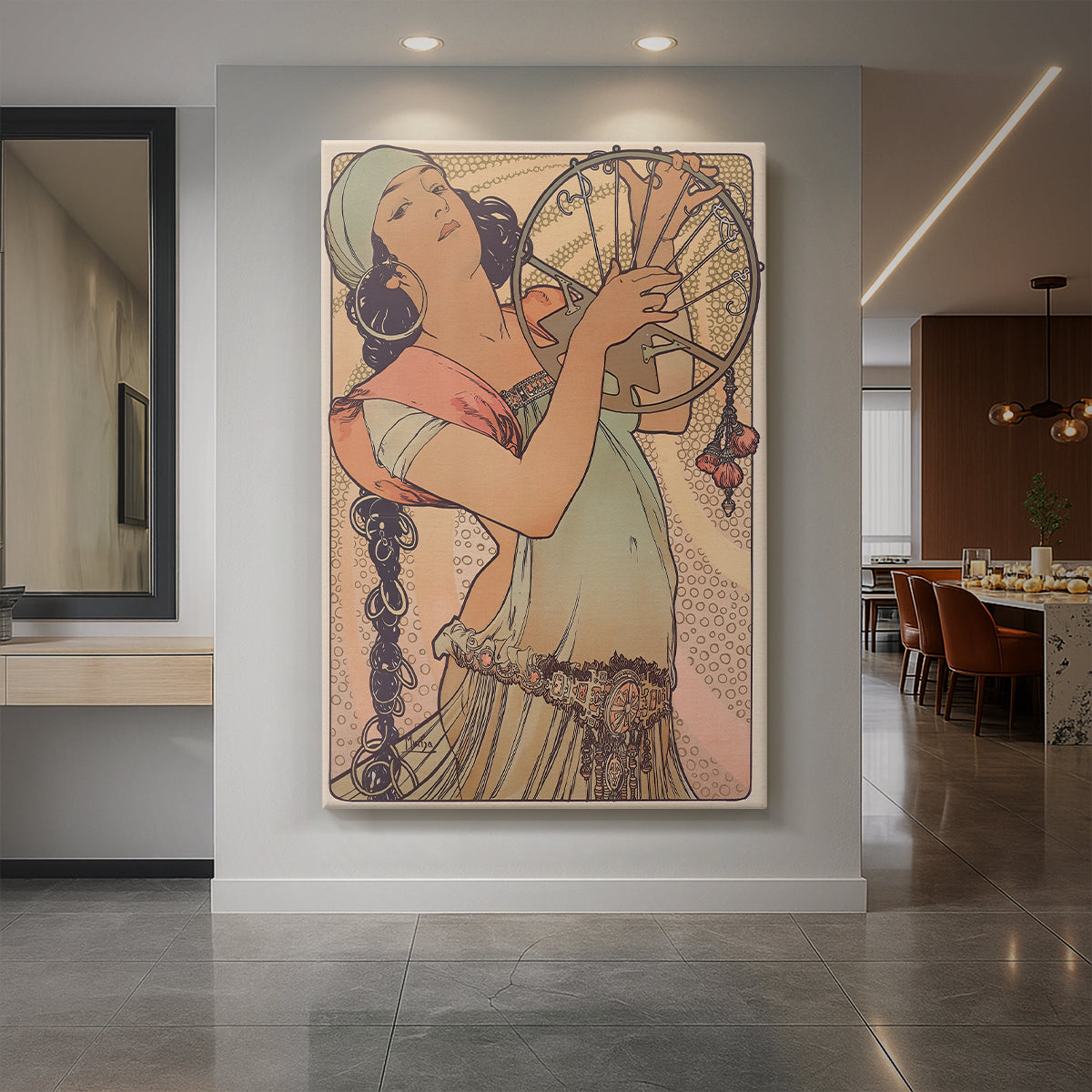 Canvas art print of an Art Nouveau portrait of a woman with flowing hair and ornate decorative details displayed as a statement piece in a spacious interior.