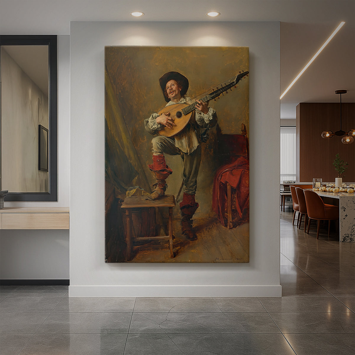 Canvas art print of a realistic scene of a soldier playing a stringed instrument indoors displayed as a statement piece in a spacious interior.