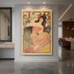 Canvas art print of an Art Nouveau poster of a woman with flowing hair and cigarette branding text displayed as a statement piece in a spacious interior.