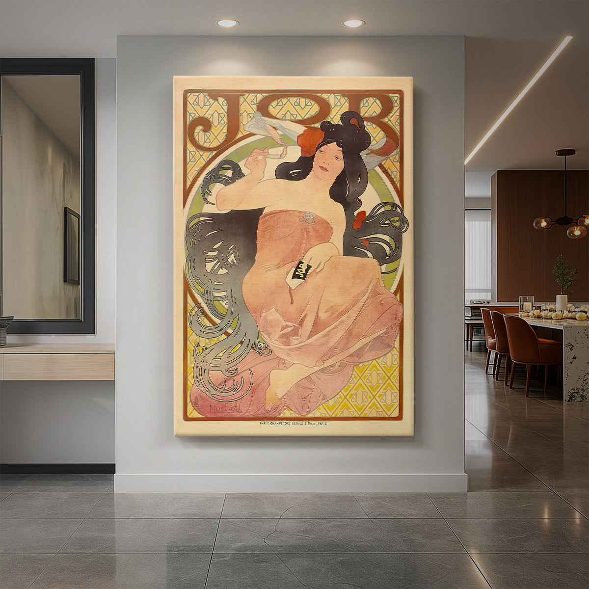 Canvas art print of an Art Nouveau poster of a woman with flowing hair and cigarette branding text displayed as a statement piece in a spacious interior.