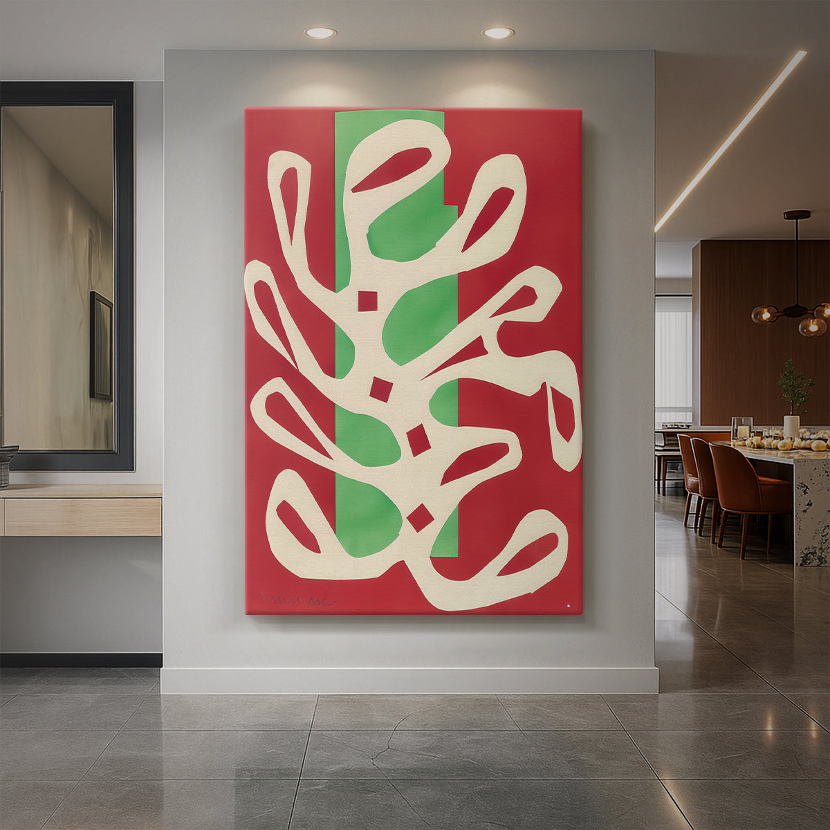Canvas art print of an abstract composition of organic shapes on a red and green background displayed as a statement piece in a spacious interior.