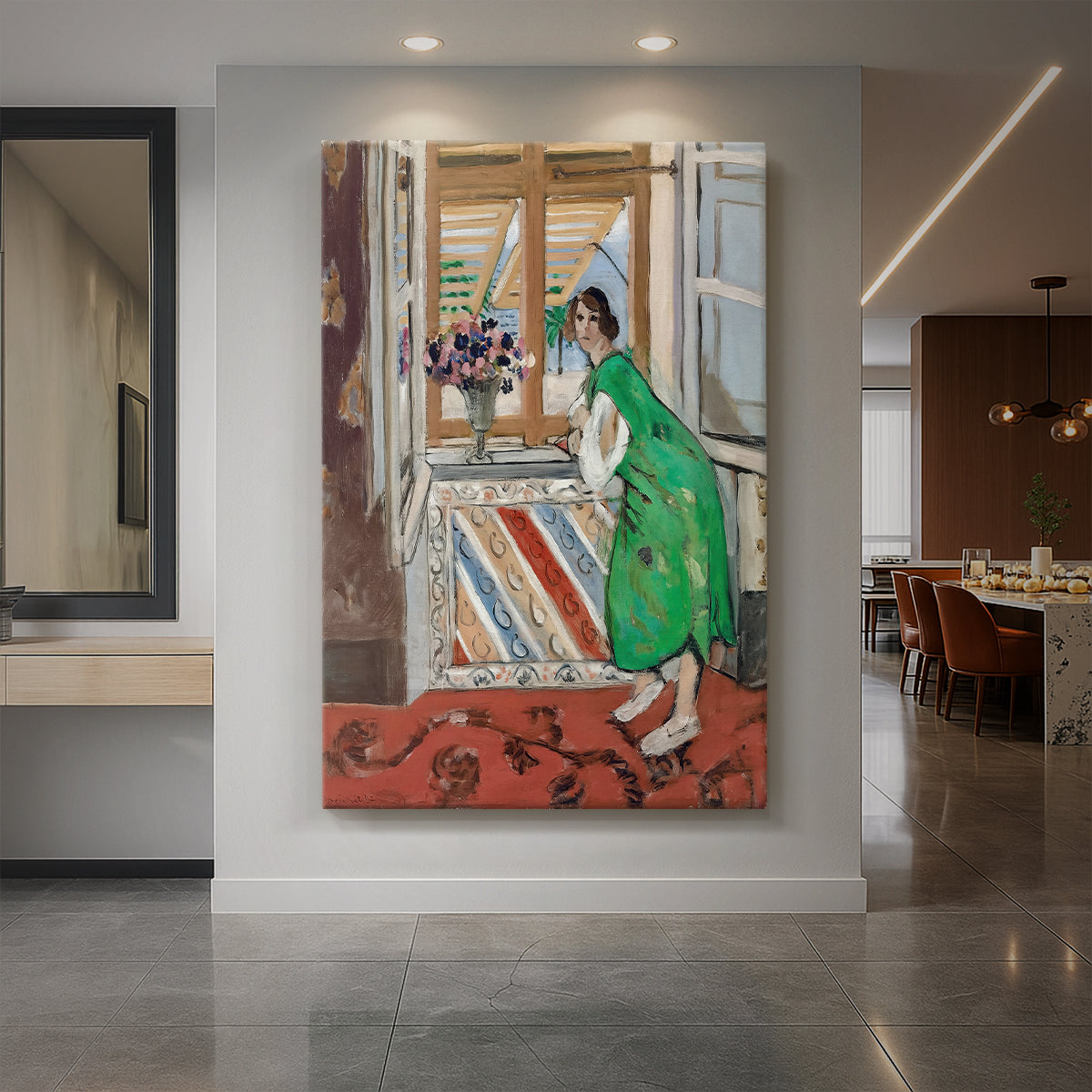 Canvas art print of a fauvist portrait of a girl in a green dress with decorative interior setting displayed as a statement piece in a spacious interior.