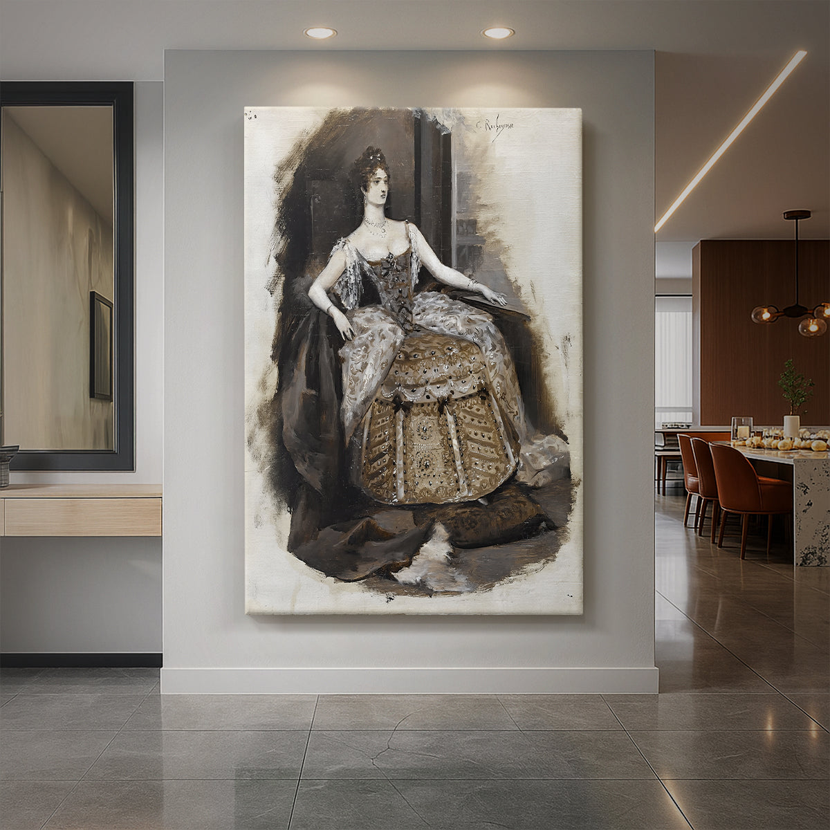 Canvas art print of an Art Nouveau portrait of a woman in elaborate dress with refined detail displayed as a statement piece in a spacious interior.