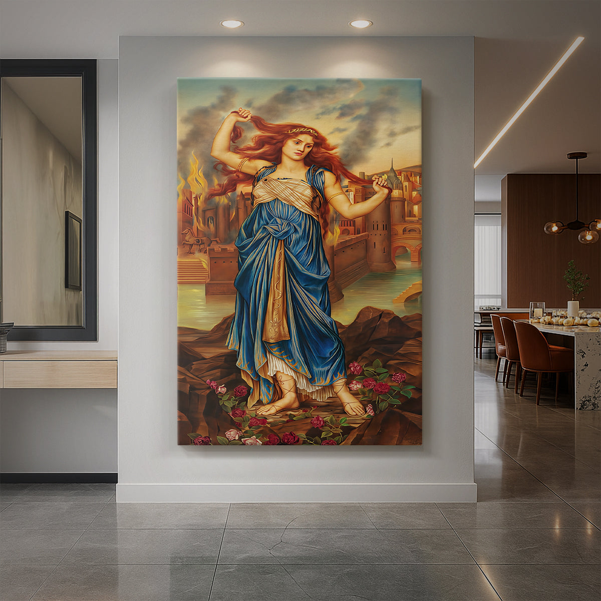 Canvas art print of a symbolic portrait of a woman in a moment of intense expression displayed as a statement piece in a spacious interior.