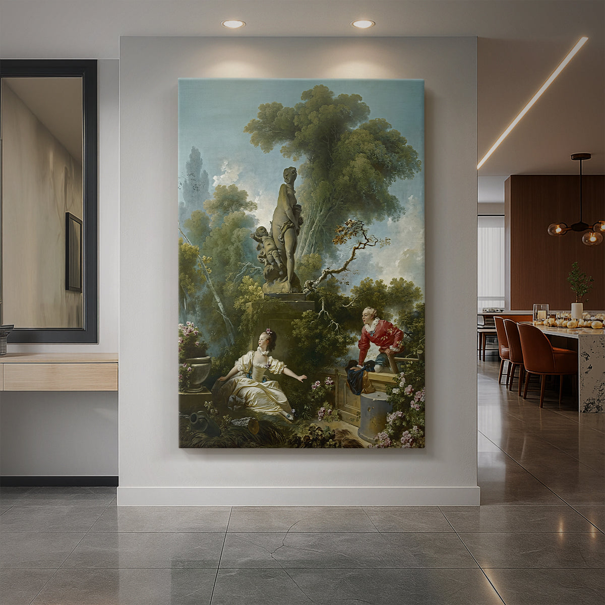 Canvas art print of a Rococo garden scene of two figures meeting in a secluded landscape displayed as a statement piece in a spacious interior.