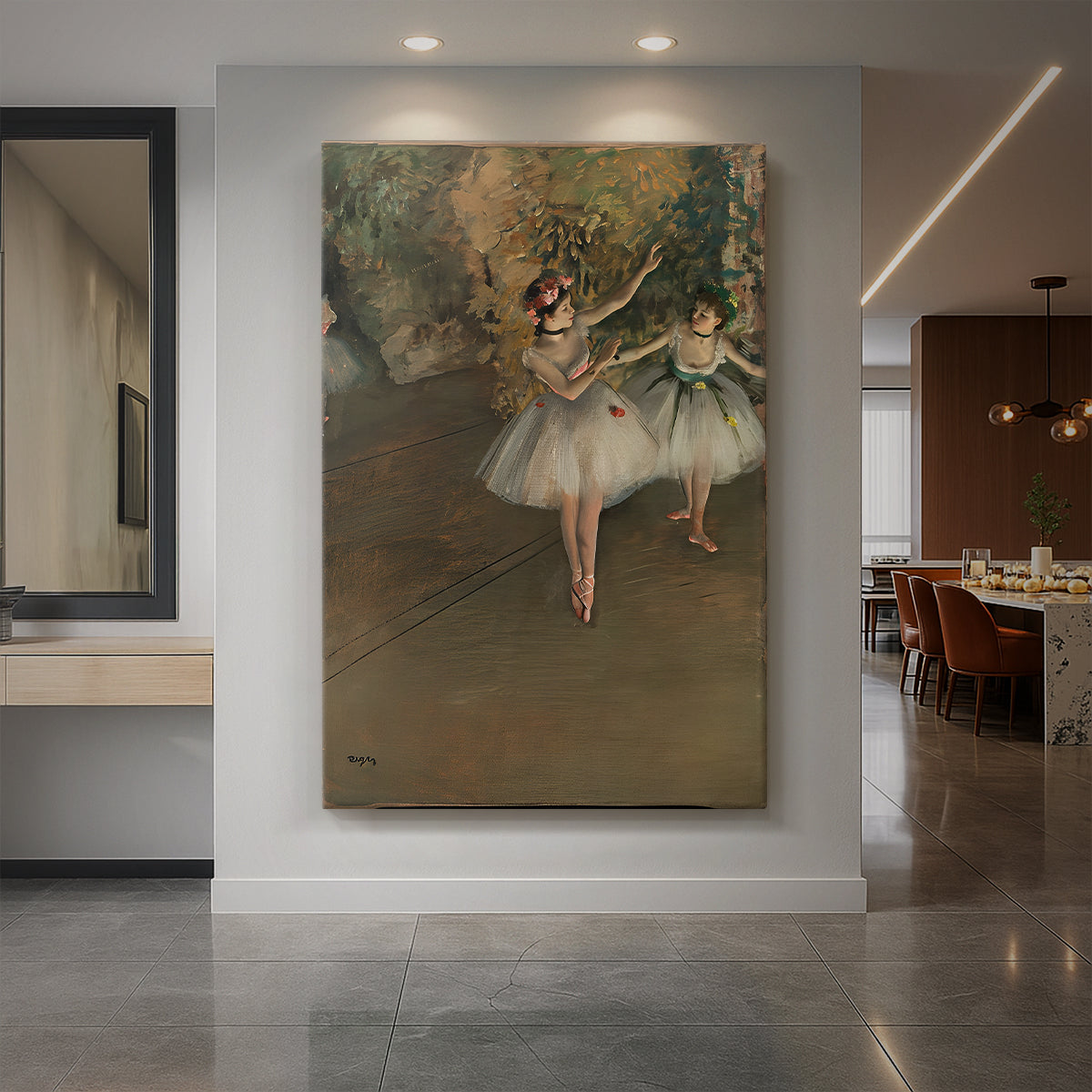 Canvas art print of an impressionist scene of two ballet dancers performing on stage displayed as a statement piece in a spacious interior.