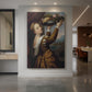 Canvas art print of a Renaissance portrait of a woman holding a bowl of fruit in warm light displayed as a statement piece in a spacious interior.
