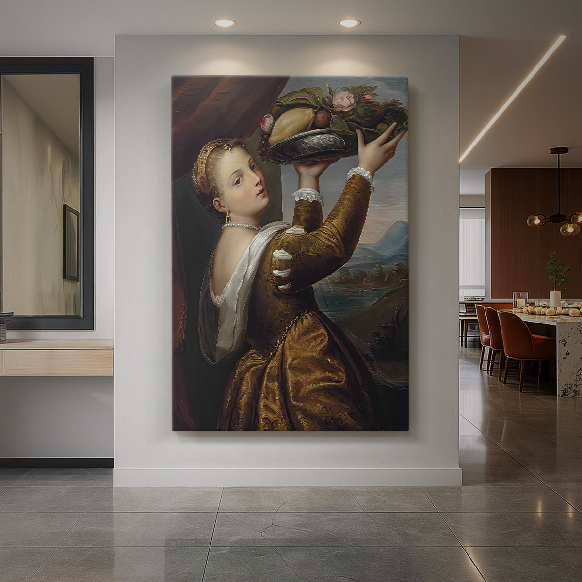 Canvas art print of a Renaissance portrait of a woman holding a bowl of fruit in warm light displayed as a statement piece in a spacious interior.
