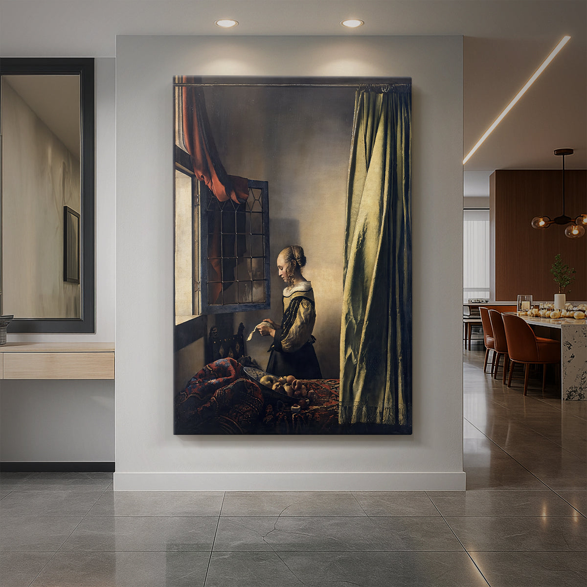 Canvas art print of a Baroque interior of a woman reading a letter beside an open window displayed as a statement piece in a spacious interior.