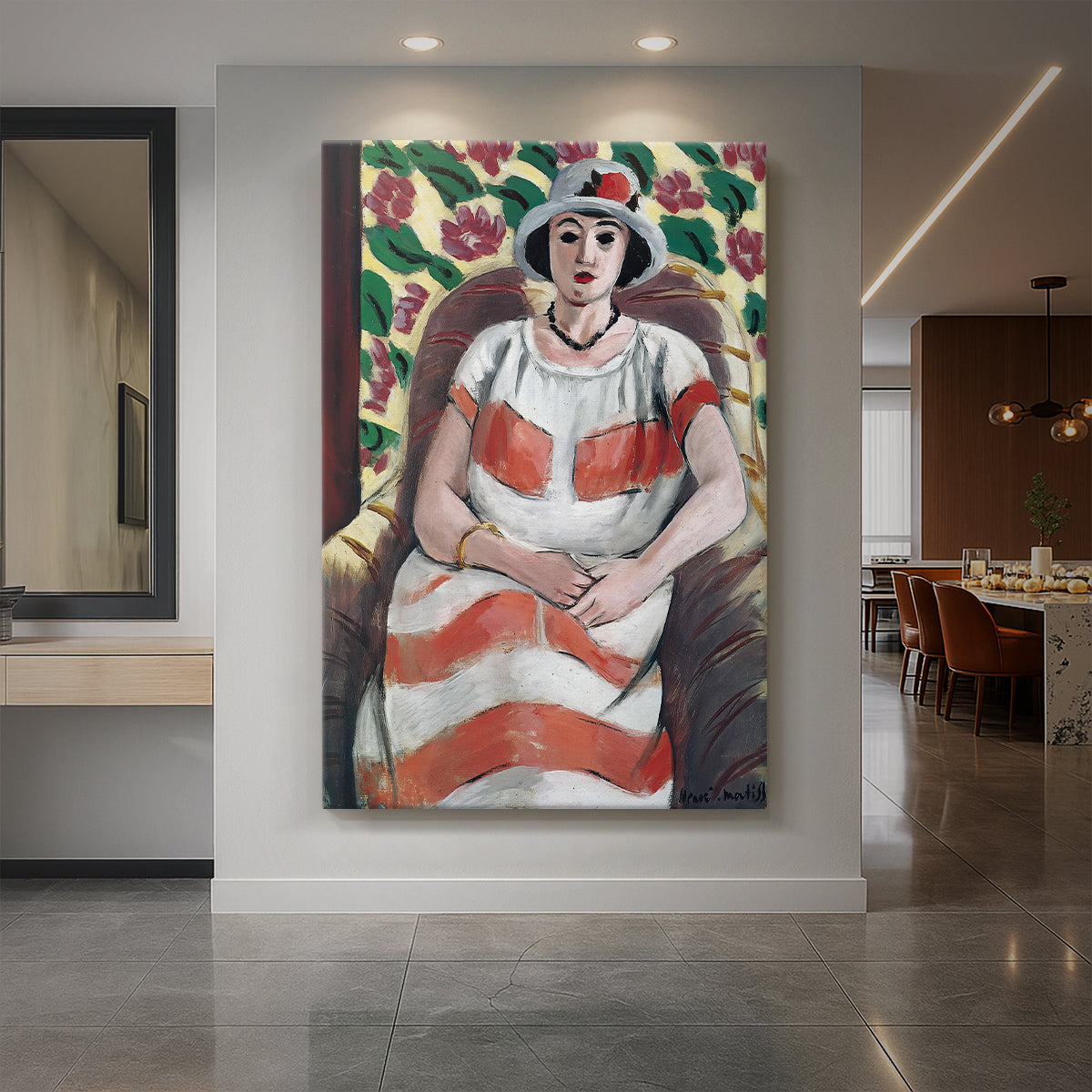 Canvas art print of an expressionist portrait of a woman in pink with soft features and bold tones displayed as a statement piece in a spacious interior.