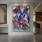 Canvas art print of an expressionist scene with abstracted animals and bold angular forms displayed as a statement piece in a spacious interior.