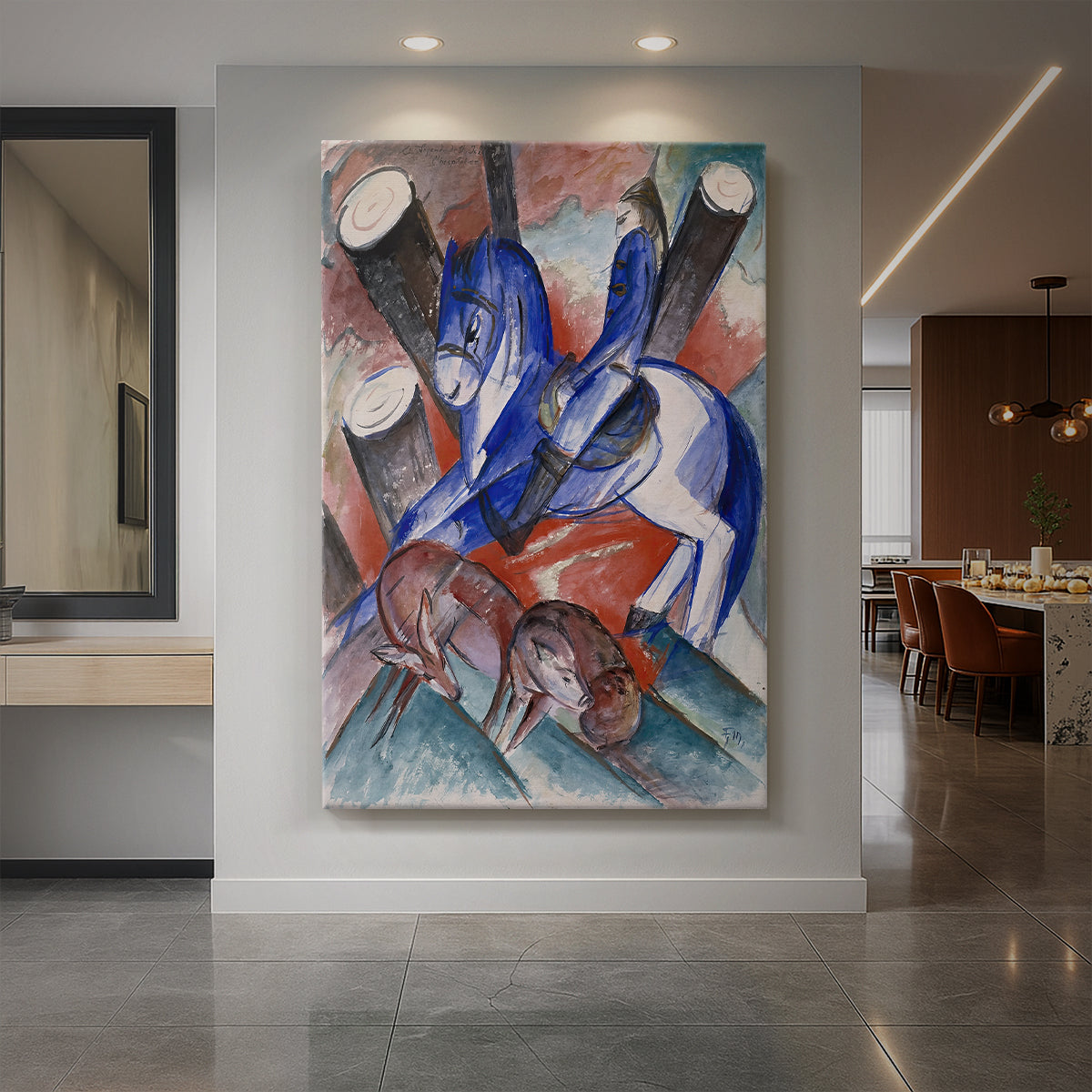Canvas art print of an expressionist scene with abstracted animals and bold angular forms displayed as a statement piece in a spacious interior.