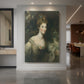 Canvas art print of a refined portrait of a woman in formal attire with soft lighting displayed as a statement piece in a spacious interior.