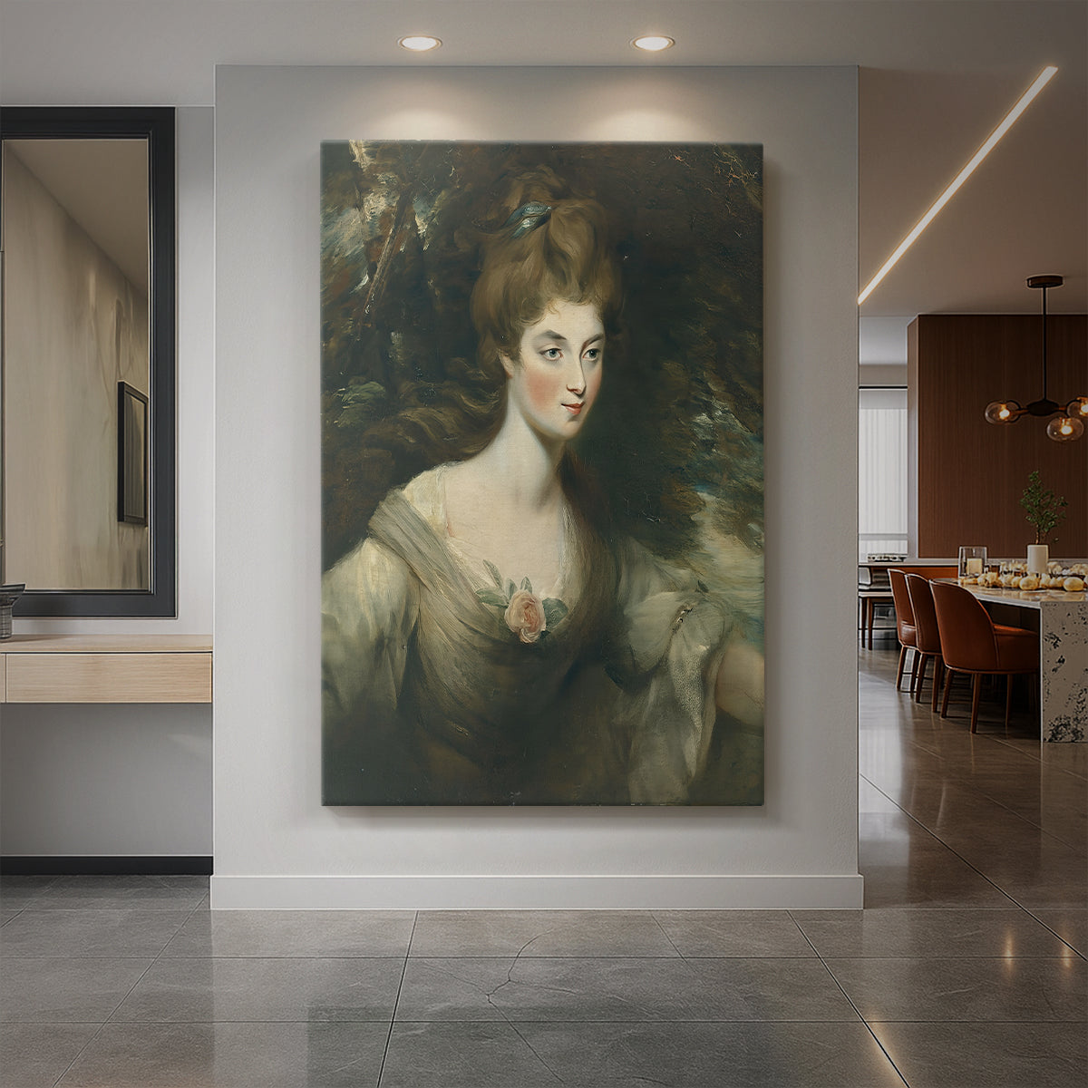 Canvas art print of a refined portrait of a woman in formal attire with soft lighting displayed as a statement piece in a spacious interior.