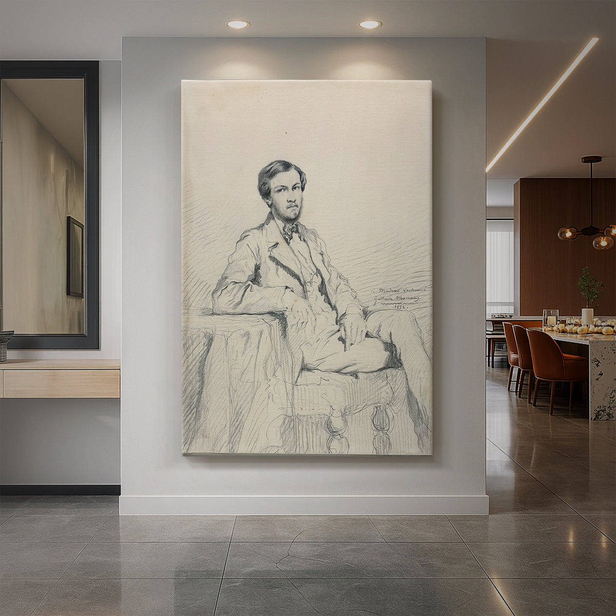 Canvas art print of a portrait study of a man with light sketch detail and vintage style displayed as a statement piece in a spacious interior.