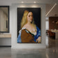 Canvas art print of a Renaissance portrait of a young woman with soft light and warm tones displayed as a statement piece in a spacious interior.