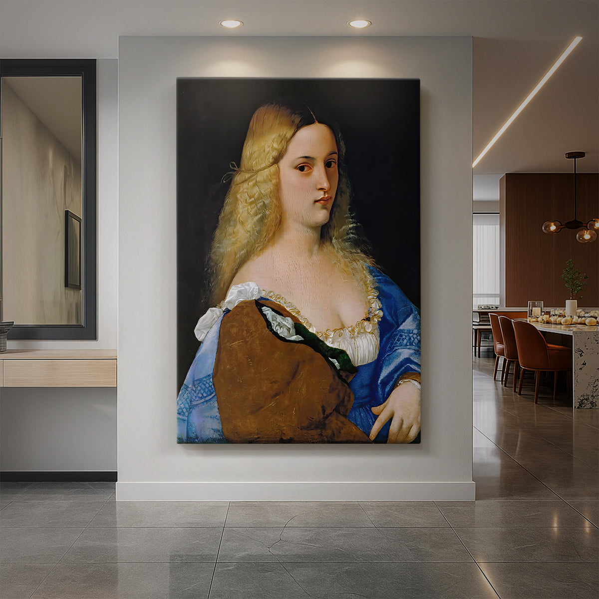 Canvas art print of a Renaissance portrait of a young woman with soft light and warm tones displayed as a statement piece in a spacious interior.