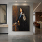 Canvas art print of a Baroque portrait of King Charles I in regal attire with ceremonial details displayed as a statement piece in a spacious interior.