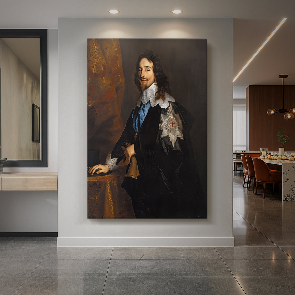 Canvas art print of a Baroque portrait of King Charles I in regal attire with ceremonial details displayed as a statement piece in a spacious interior.