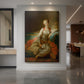 Canvas art print of a Rococo portrait of a reclining woman on an ottoman with rich textiles displayed as a statement piece in a spacious interior.