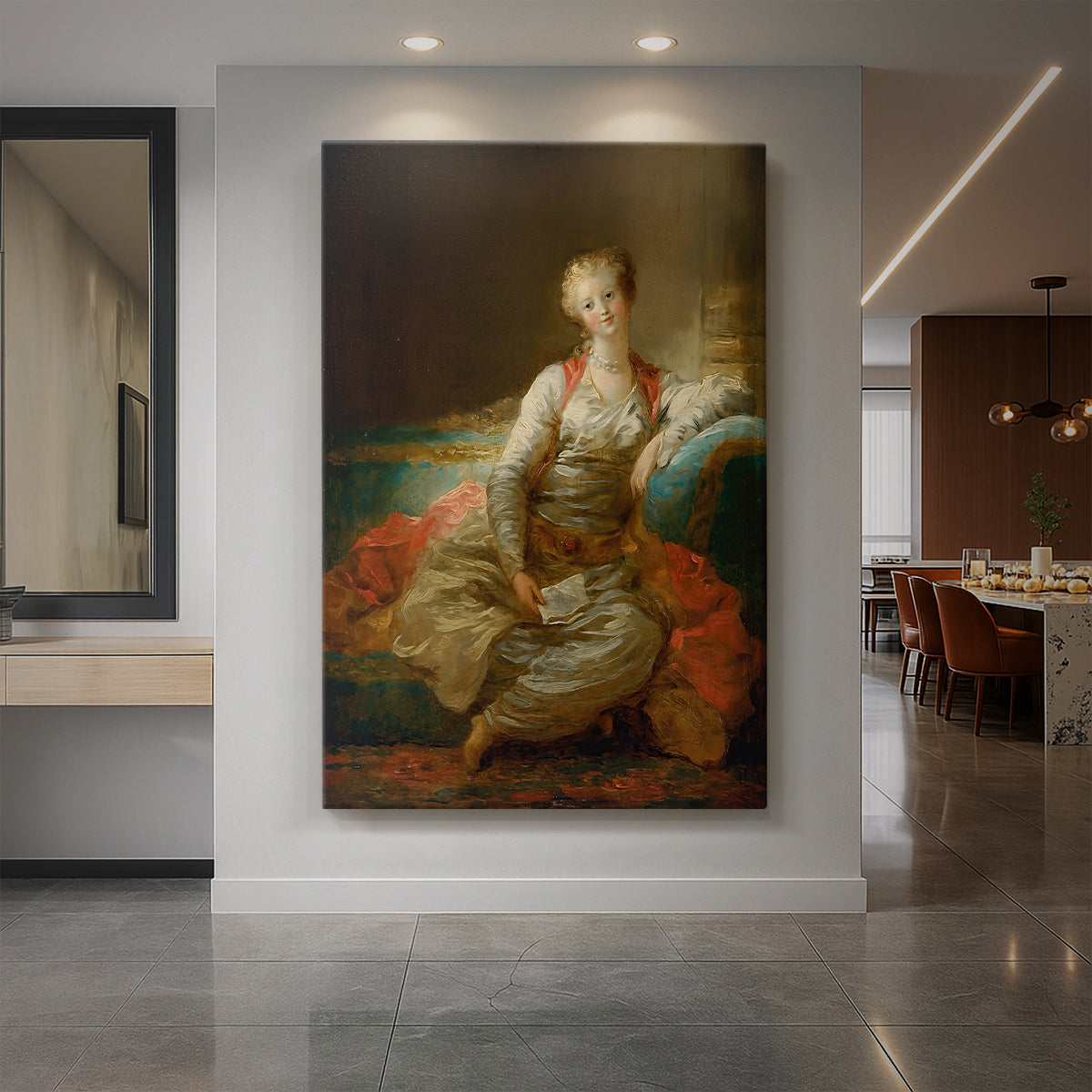 Canvas art print of a Rococo portrait of a reclining woman on an ottoman with rich textiles displayed as a statement piece in a spacious interior.