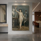 Canvas art print of an impressionist portrait of a nude female figure in a dark natural setting displayed as a statement piece in a spacious interior.