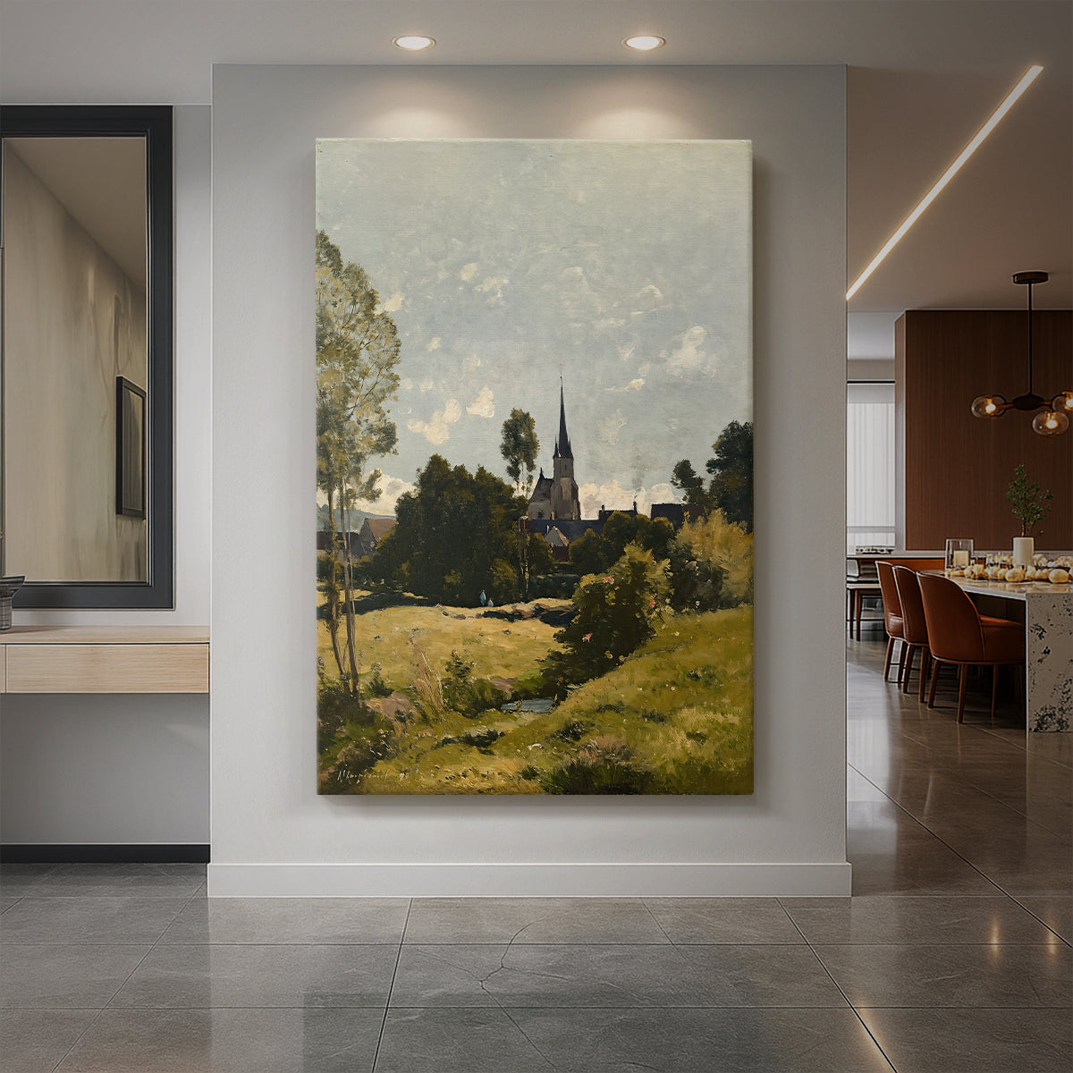 Canvas art print of a realistic landscape of a village church surrounded by trees and open land displayed as a statement piece in a spacious interior.