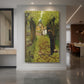 Canvas art print of a realistic outdoor scene of a man beside a fallen easel in a grassy setting displayed as a statement piece in a spacious interior.