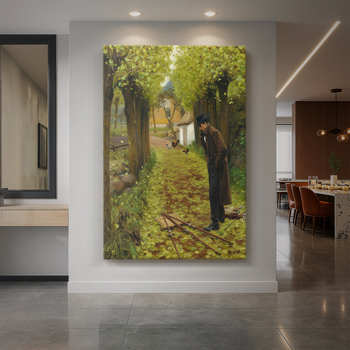 Canvas art print of a realistic outdoor scene of a man beside a fallen easel in a grassy setting displayed as a statement piece in a spacious interior.
