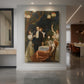 Canvas art print of a narrative scene of a man being offered wine in a lush detailed garden displayed as a statement piece in a spacious interior.