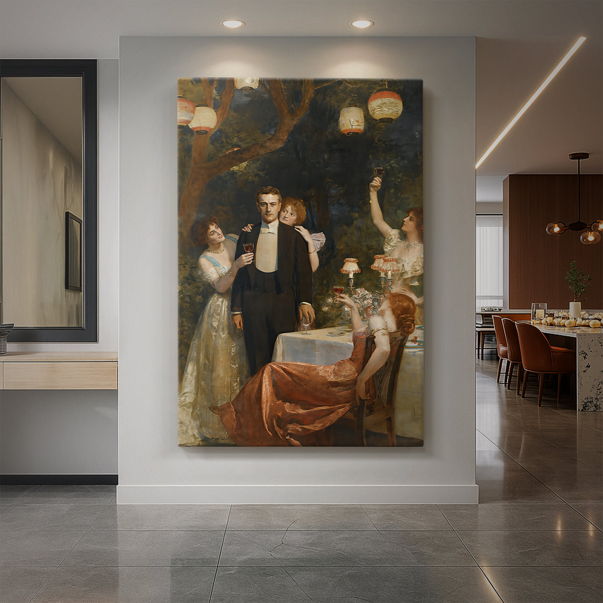 Canvas art print of a narrative scene of a man being offered wine in a lush detailed garden displayed as a statement piece in a spacious interior.