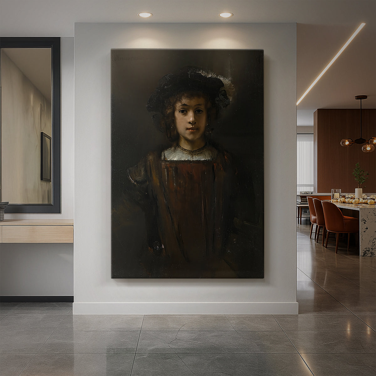 Canvas art print of a Baroque portrait of a young boy with soft light and warm tones displayed as a statement piece in a spacious interior.