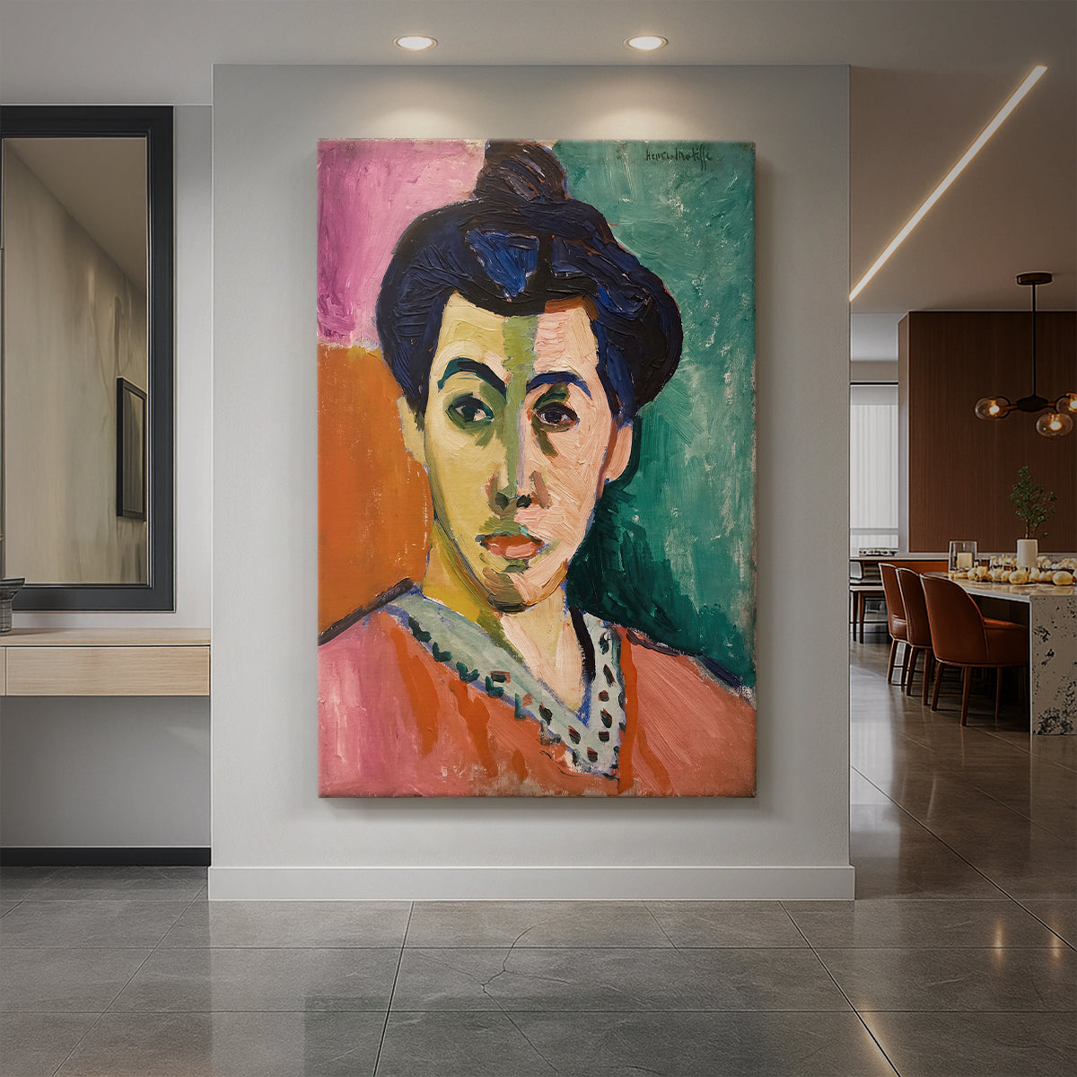Canvas art print of a fauvist portrait of a woman with a bold green stripe across her face displayed as a statement piece in a spacious interior.