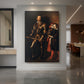 Canvas art print of a Baroque portrait of a man in armor with rich tones and dramatic light displayed as a statement piece in a spacious interior.