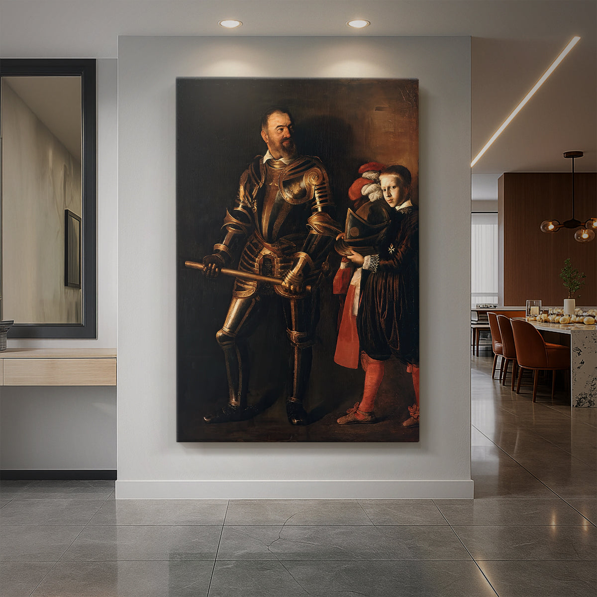 Canvas art print of a Baroque portrait of a man in armor with rich tones and dramatic light displayed as a statement piece in a spacious interior.
