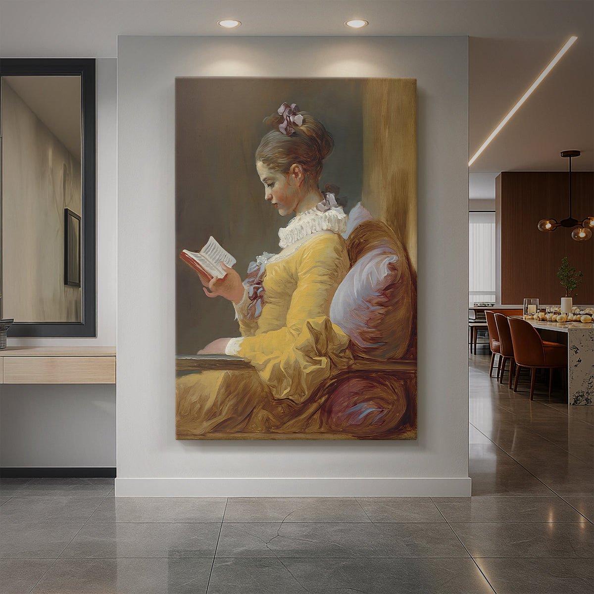 Canvas art print of a Rococo portrait of a young girl reading with soft light and warm tones displayed as a statement piece in a spacious interior.
