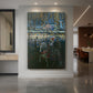 Canvas art print of an expressionist scene of a couple on horseback with soft color transitions displayed as a statement piece in a spacious interior.
