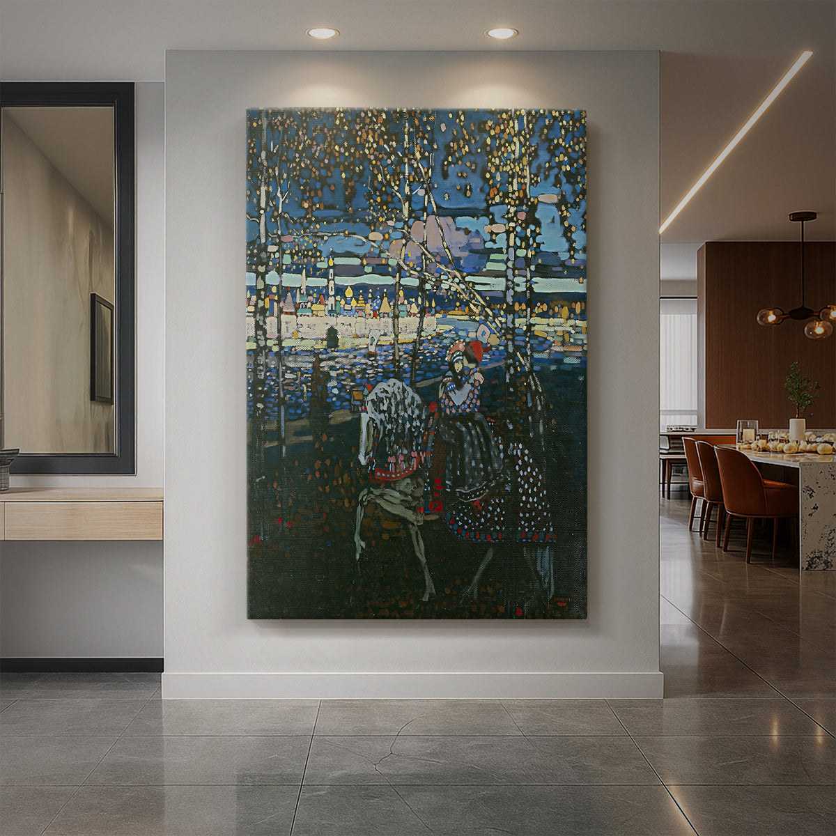 Canvas art print of an expressionist scene of a couple on horseback with soft color transitions displayed as a statement piece in a spacious interior.