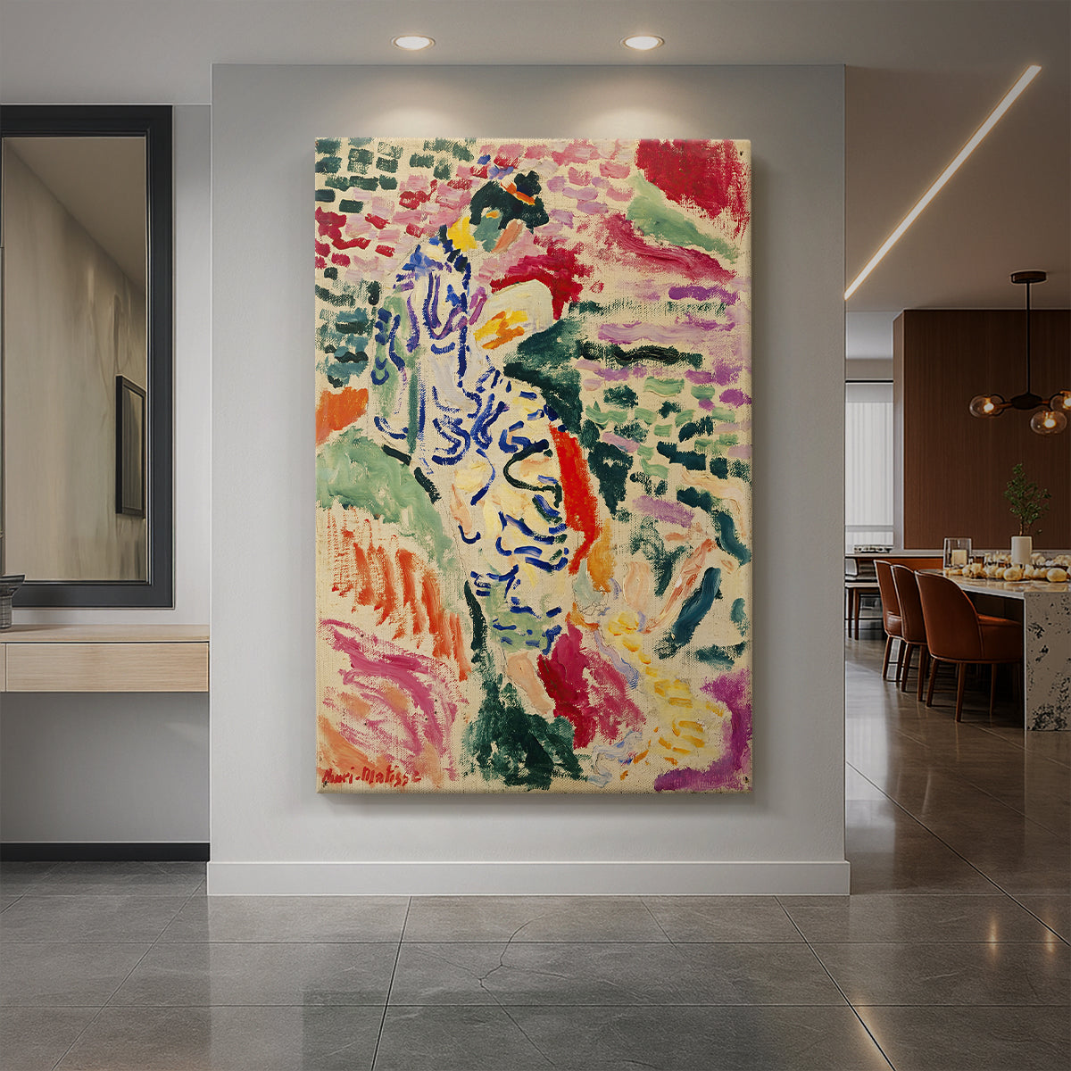 Canvas art print of a fauvist scene of a woman near water with decorative patterns and bold color displayed as a statement piece in a spacious interior.
