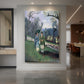 Canvas art print of a fauvist outdoor scene of figures seated beneath olive trees displayed as a statement piece in a spacious interior.