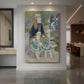 Canvas art print of an impressionist scene of a mother with children in a sunlit outdoor setting displayed as a statement piece in a spacious interior.