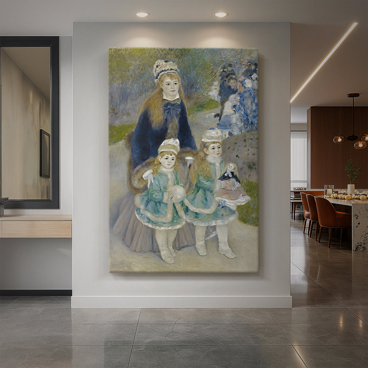 Canvas art print of an impressionist scene of a mother with children in a sunlit outdoor setting displayed as a statement piece in a spacious interior.