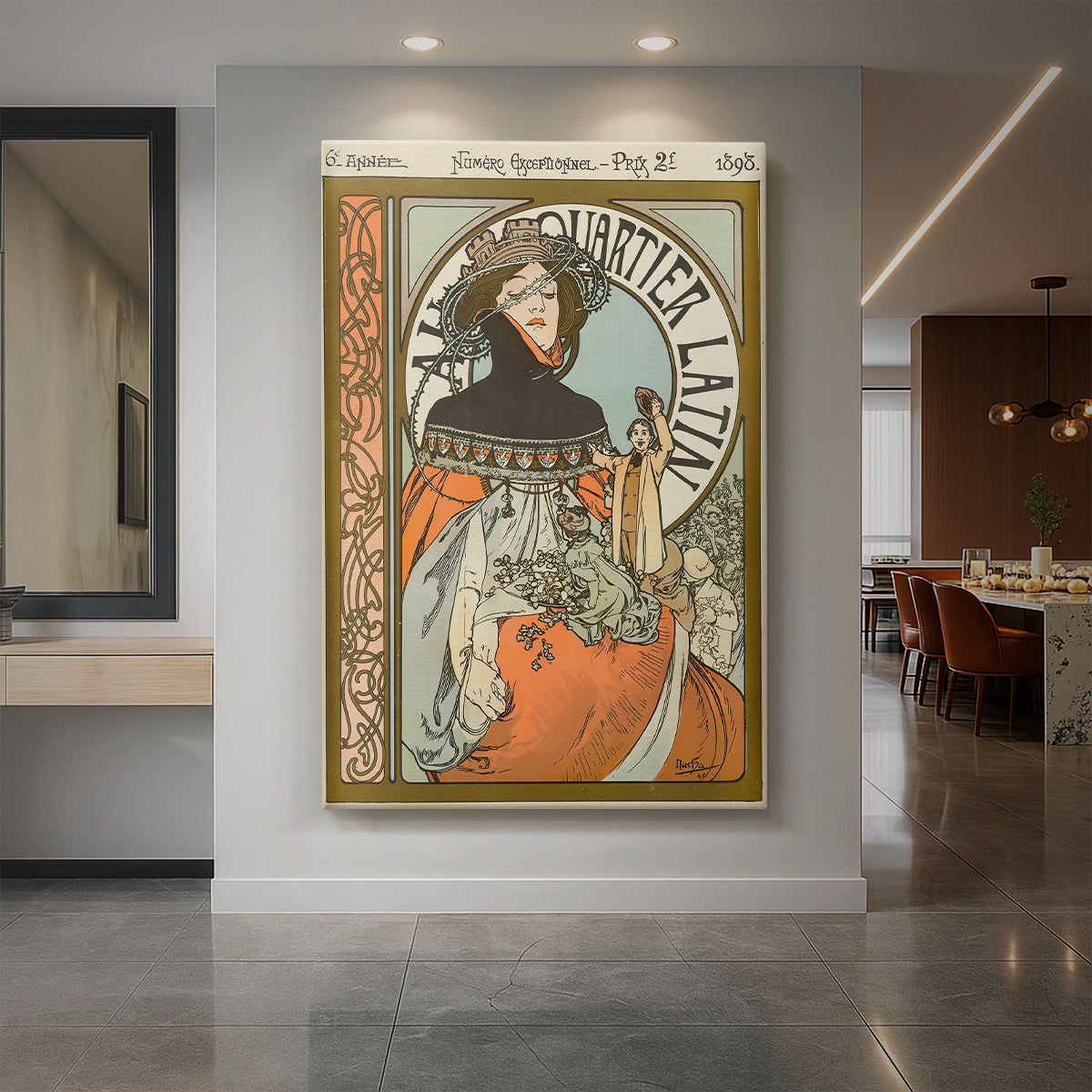 Canvas art print of an Art Nouveau poster of a woman with ornate details and decorative typography displayed as a statement piece in a spacious interior.