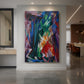 Canvas art print of an expressionist composition of birds in geometric forms and bright color displayed as a statement piece in a spacious interior.