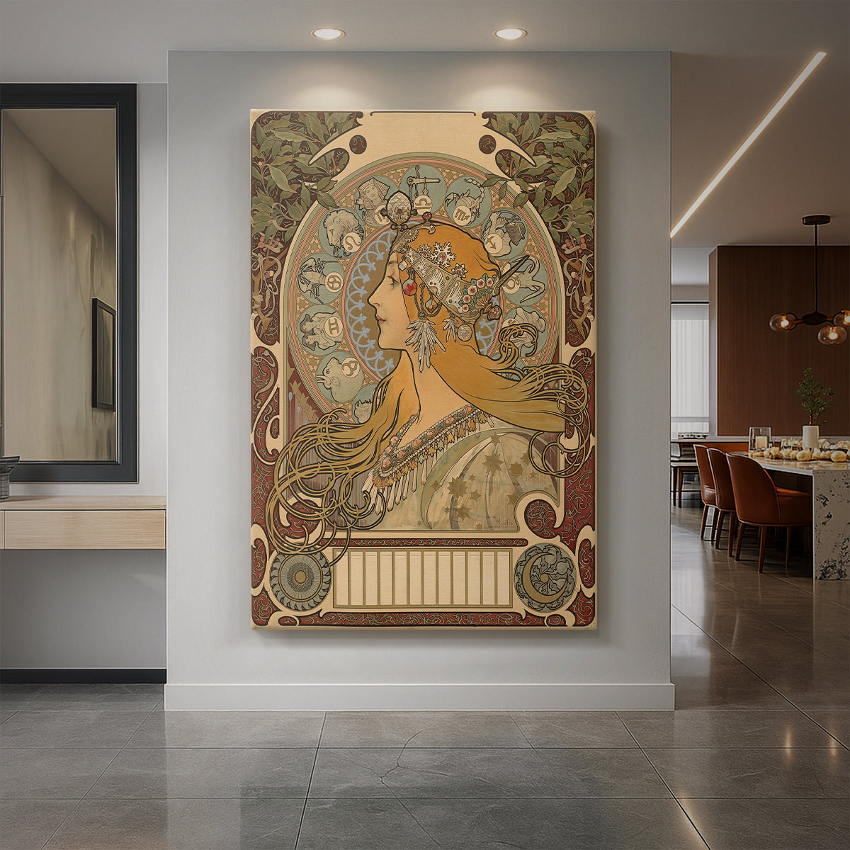 Canvas art print of an Art Nouveau illustration of a woman surrounded by zodiac symbols and ornate details displayed as a statement piece in a spacious interior.