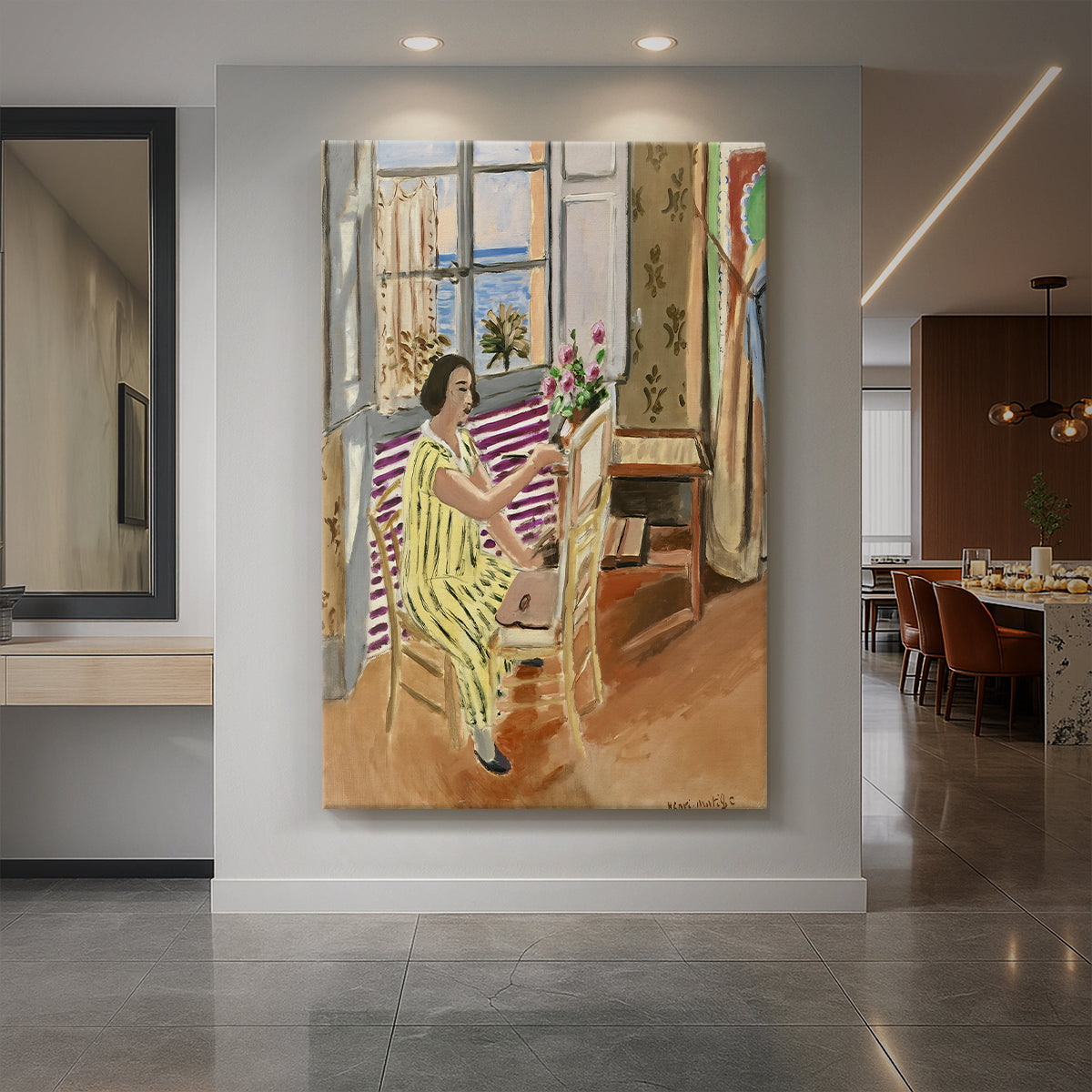 Canvas art print of a fauvist interior scene of an artist painting by an open window displayed as a statement piece in a spacious interior.