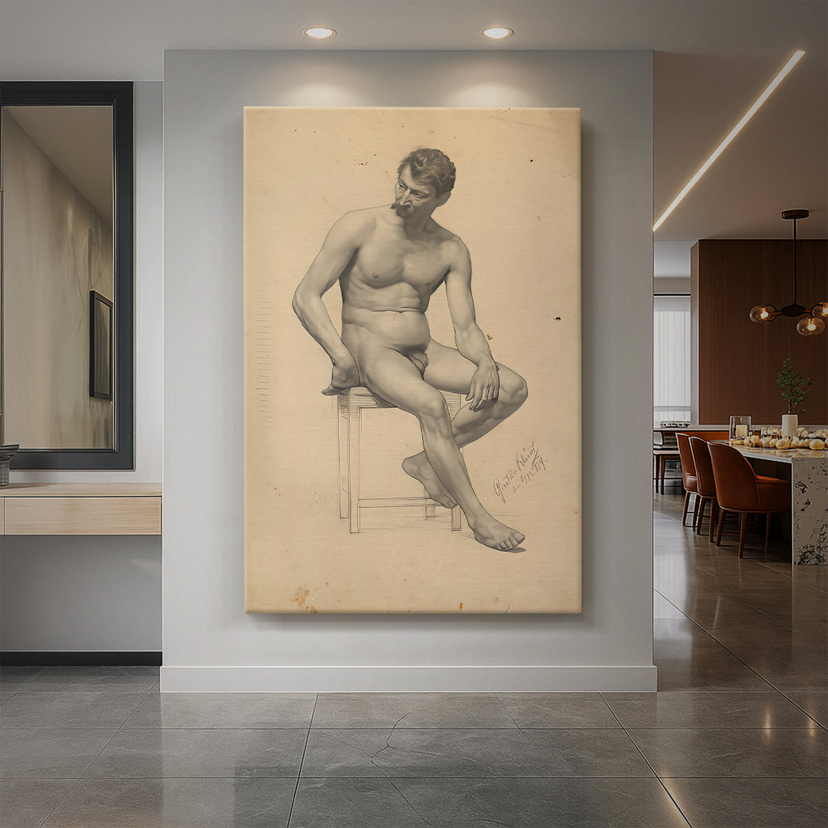 Canvas art print of a figure study of a seated male nude turned to the left with soft shading displayed as a statement piece in a spacious interior.